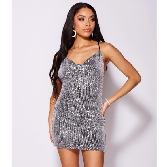 Silver Sequins Sleeveless Cowl Neck Backless Open Back Bodycon Mini Dress - Picture 3 of 11